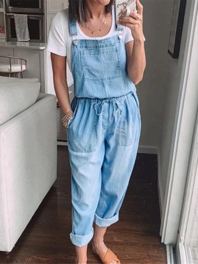 Overalls gewaschen Jeans Denim mittlere Taille knöchel lange Overalls lose Taschen gerade Hosen lässig gespleißt solide Kordel zug