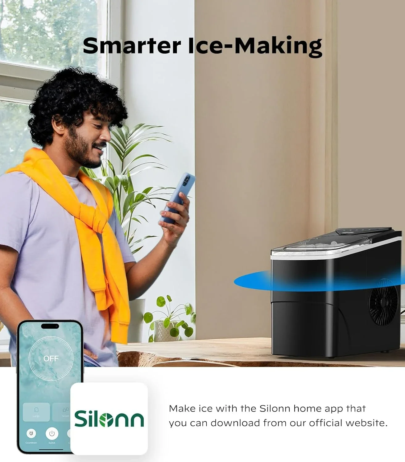 Eficiente inteligente Wi-Fi controlado Compact Countertop Ice Maker, produção de gelo rápido, 9 cubos em 6 minutos, produz 26 lbs por D, produz