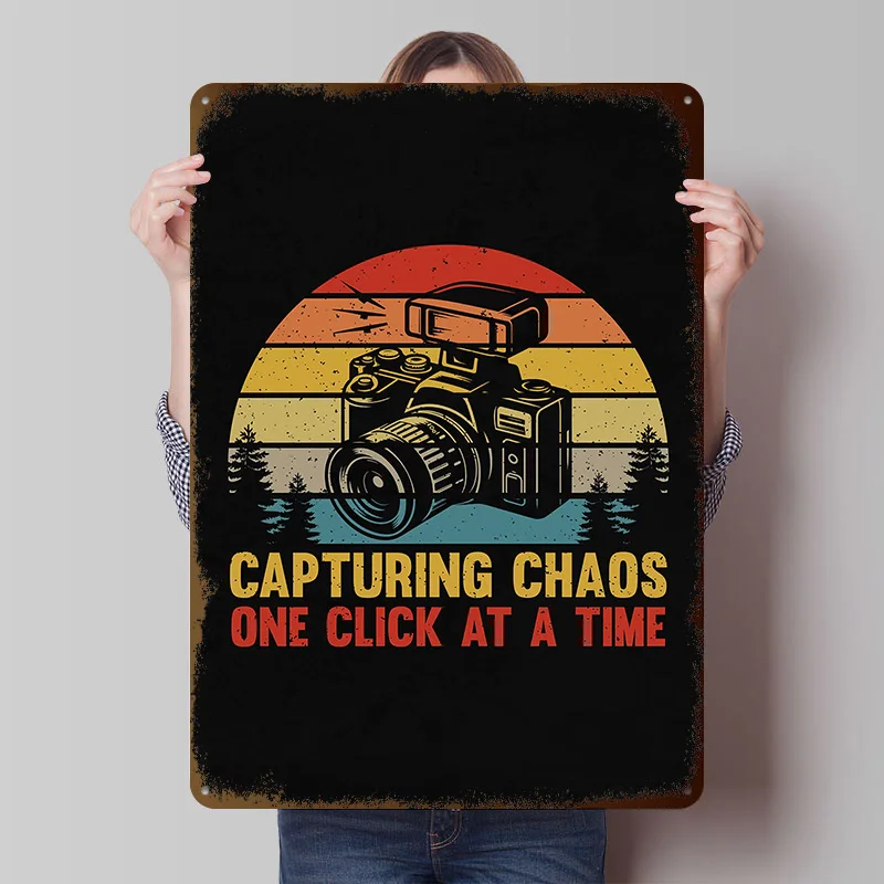 Capturing Chaos Retro Photographer Printing Poster Customized Retro Wall Art Vintage Metal Signs for Home Decoration Ornaments