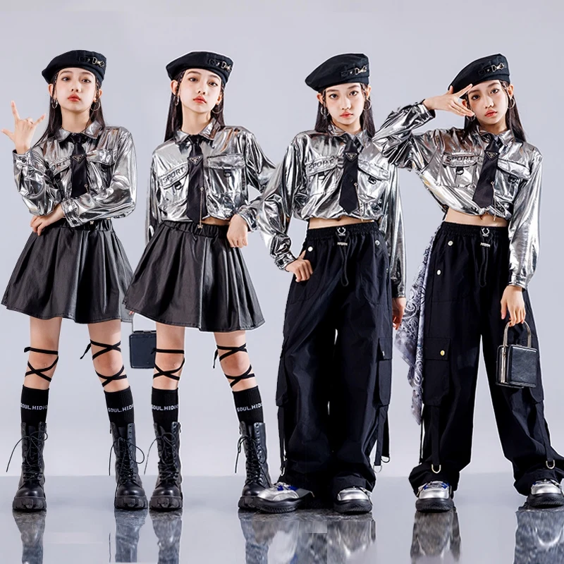 

Girl Kpop Stage Outfits Black Shuffle Pants Silver Shirts For Children Hip Hop Dance Suits Pleated Skirt Jazz Dance Clothes 1242