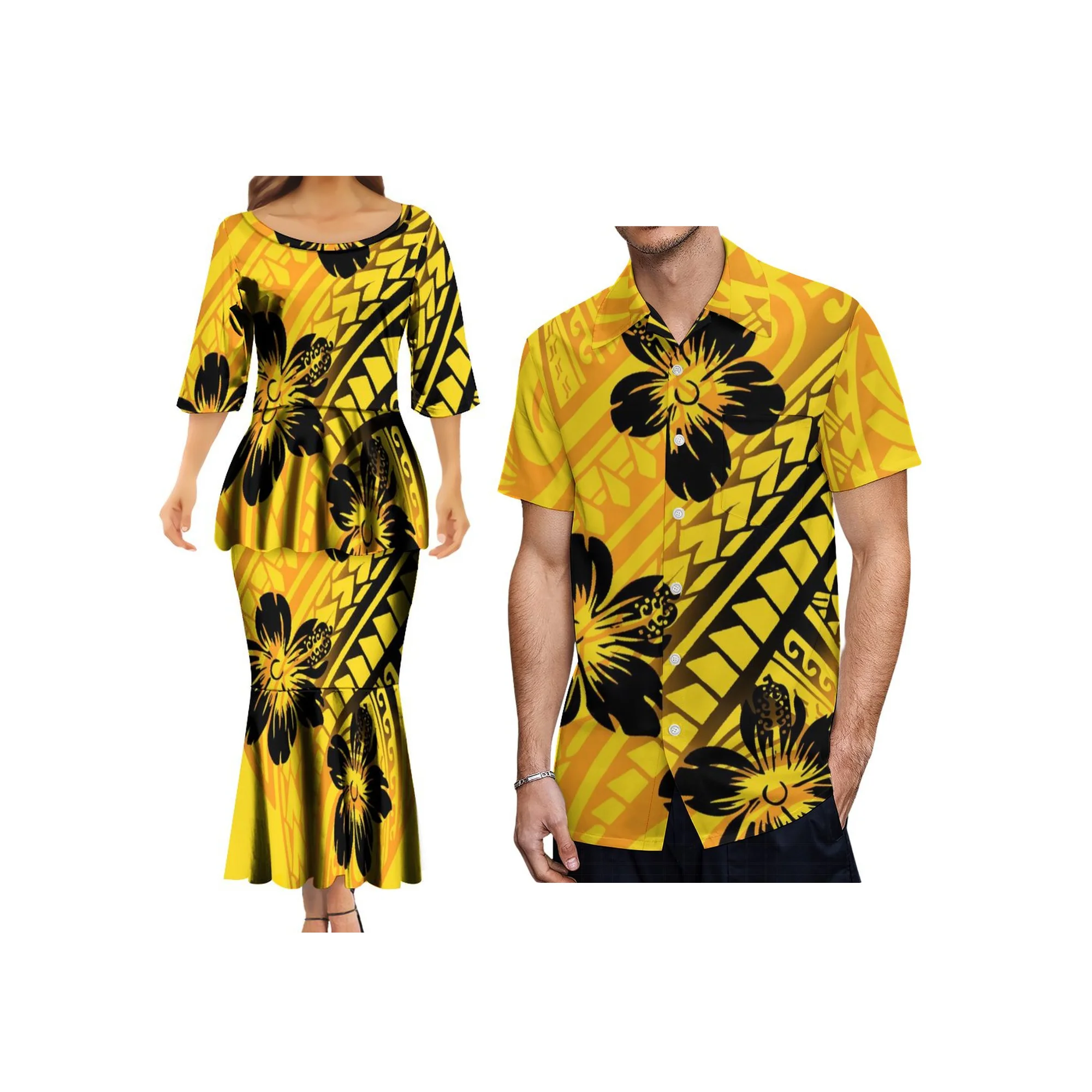 High Quality Samoa Custom Design Polynesian Tribal Puletasi Samoa Fishtail Dress And Shirt Couple Clothes