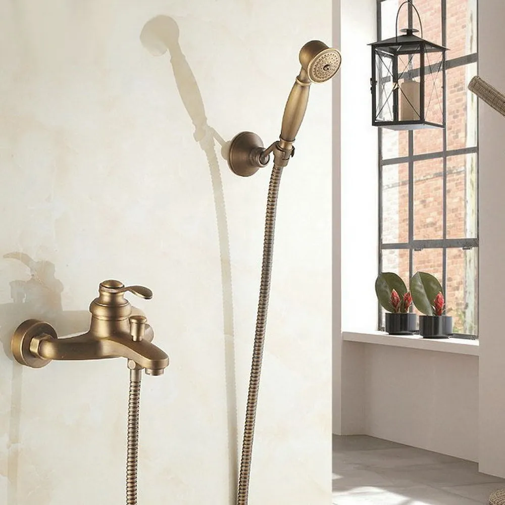 

Antique Brass Wall Mounted Bathroom Single Handle Bathtub Faucet Tap Hand Held Shower set With Wall bracket &1.5m Hose atf303