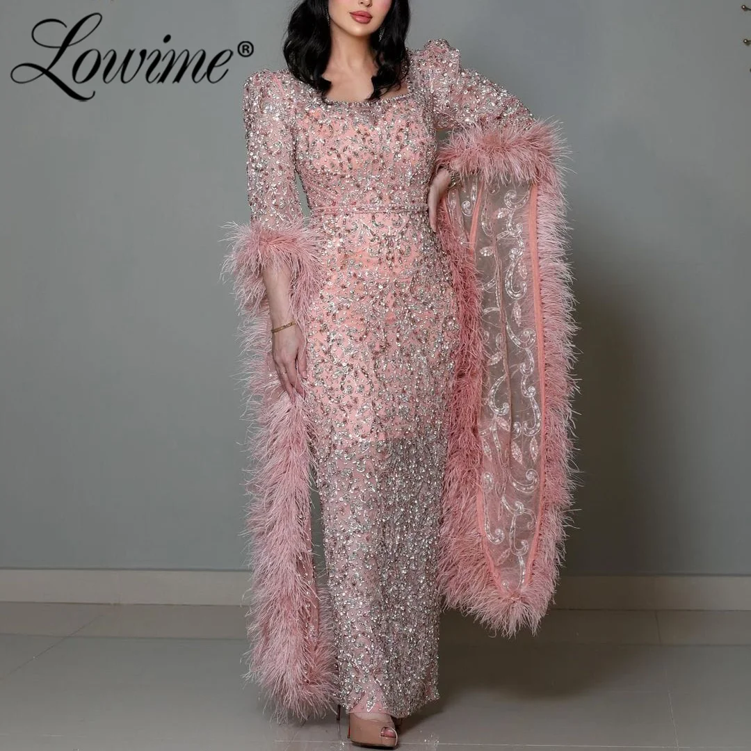 

Customized Pink Feathers Flared Sleeves Party Dress Straight Arabic Evening Dresses Women's Glitter Sequined Beaded Prom Gowns