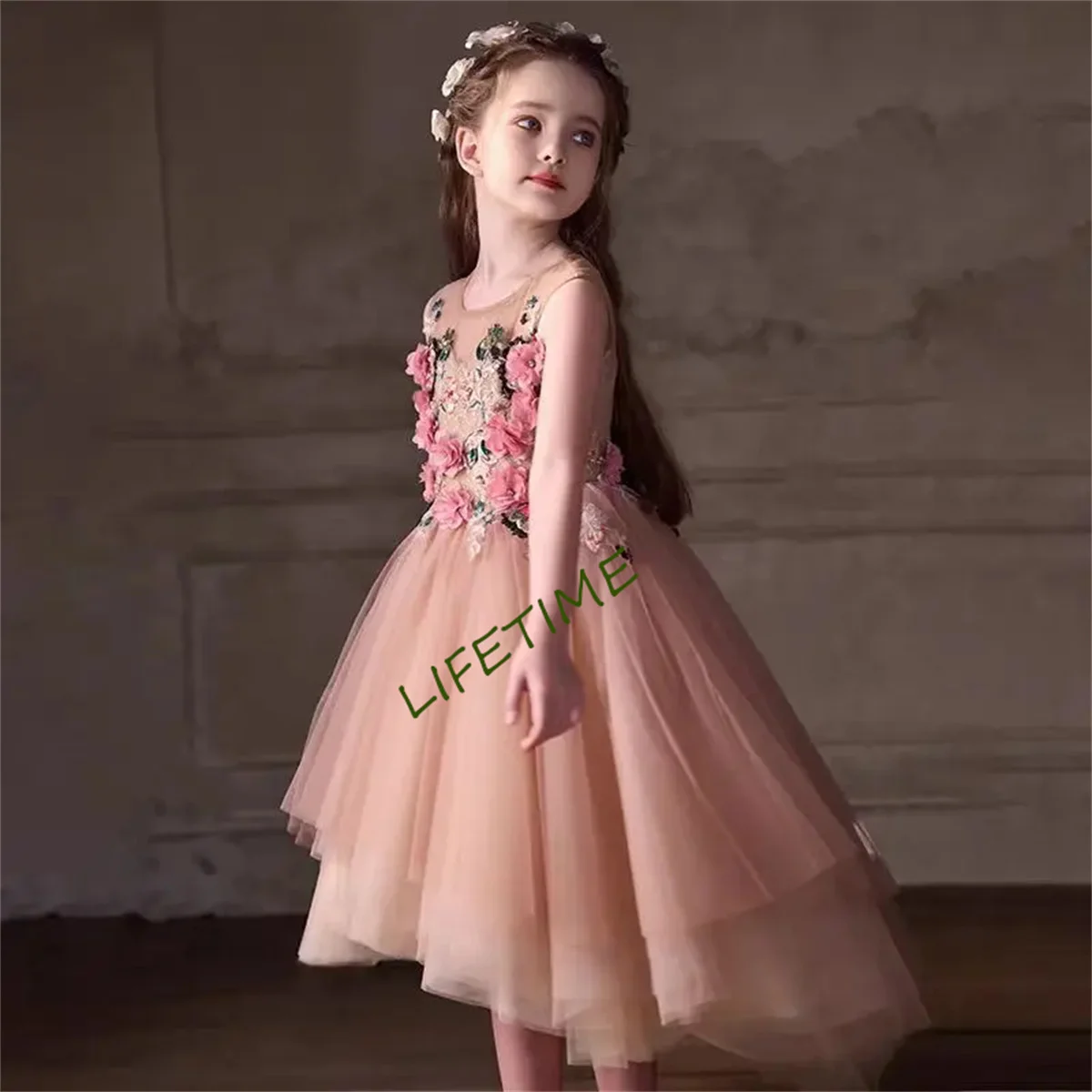 Personalizado elegante empoeirado rosa flor menina vestido flores a linha para crianças princesa casamento pageant festa de aniversário vestido de baile