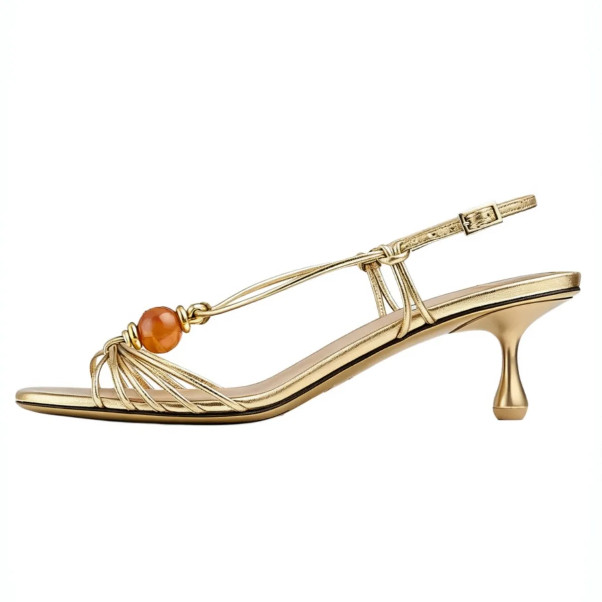 Women's Hand Knotted Multi‑Strap Amber Beaded Slingback Kitten Heels Heel Open Square Toe Boho Strappy Sandals Casual Party