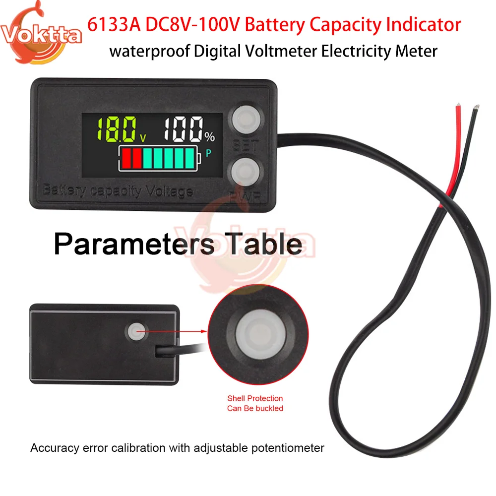

6133A DC8V-100V Battery Capacity Indicator Two-wire LCD Digital Voltmeter Electricity Meter Lead-acid Lithium Ion Battery Gauge