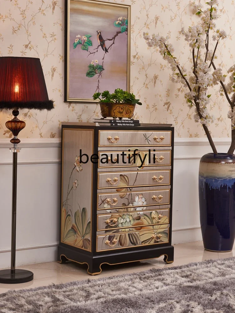 Modern new Chinese chest cabinet neoclassical painted bedroom six buckets storage living room decorative cabinet