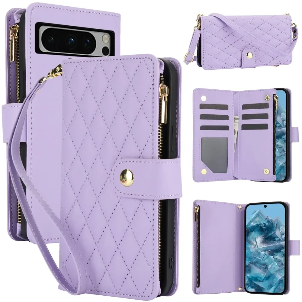 

Luxury Long Lanyard Flip Leather Phone Case for Google Pixel 8 Pro 7 7A 6 6A Wrist Rope Zipper Wallet Multi Card Cover Coque Bag