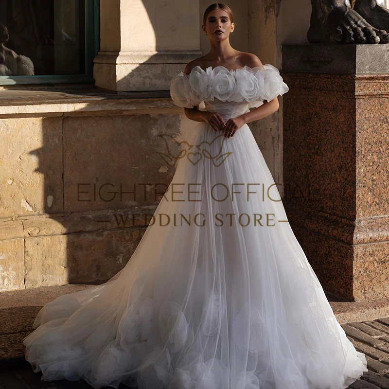 Eightree White A-Line Wedding Dresses Women Off The Shoulder Flower Bridal Dress Princess Wedding Ball Prom Gowns Custom Size