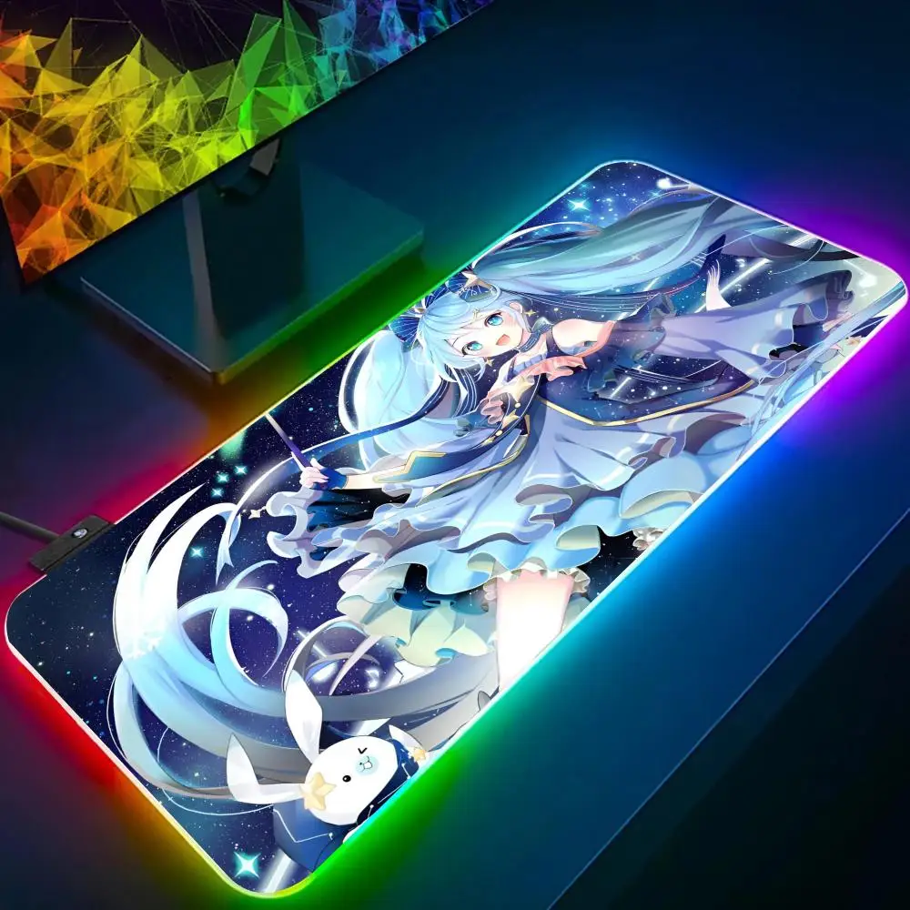 H-Hatsune Miku Anime Peripheral Cute Mouse Pad All White Large Size Mouse Pad RGB Glow Personality Picture Custom PC Table Mat C