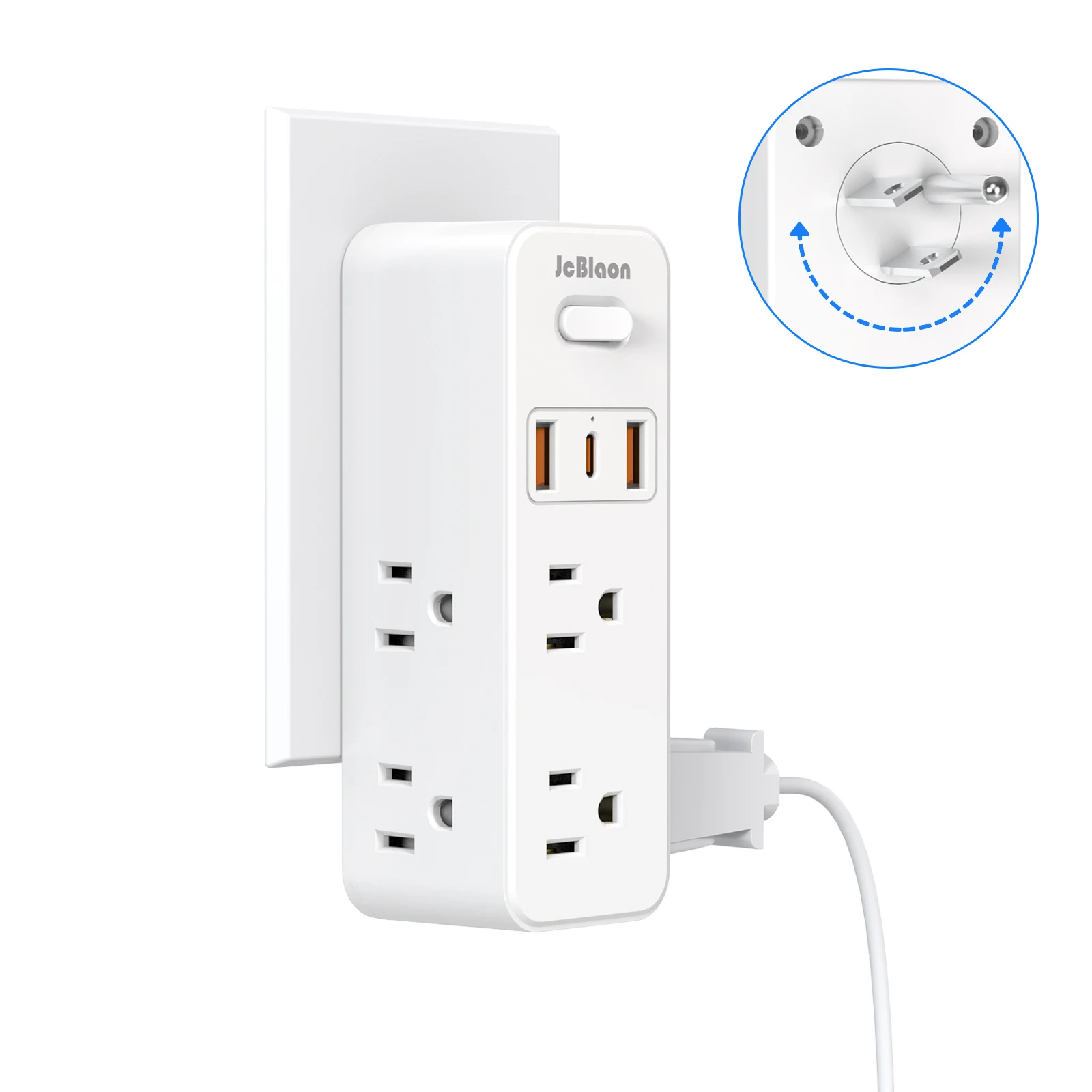 360°Rotating Power Strip US Plug with 6 AC Outlets 3 USB Ports 1 Type-C,Multiple Wall Socket with Switch Network Filter for Home