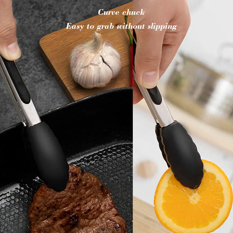 1 Pc Black Silicone Food Tongs, Stainless Steel Food Tongs Outdoor BBQ Clamps For Camping Kitchen Tongs For Baking Steak image 4