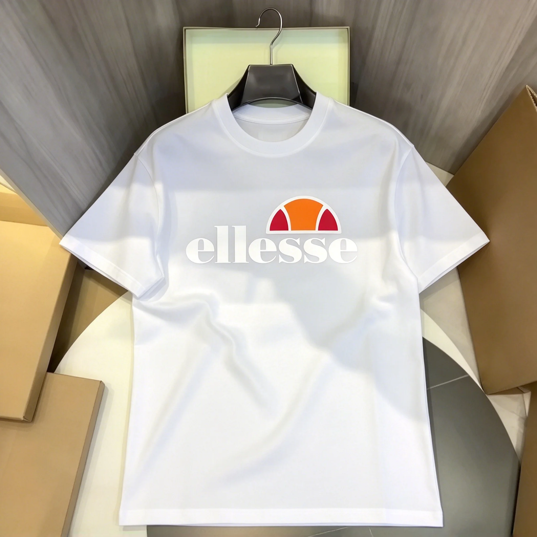 2026 New ellesse Vintage Half Sun Logo Print T Shirt, Unisex Crew Neck Short Sleeve Tee, Retro Casual Trendy Tops For Daily Wear