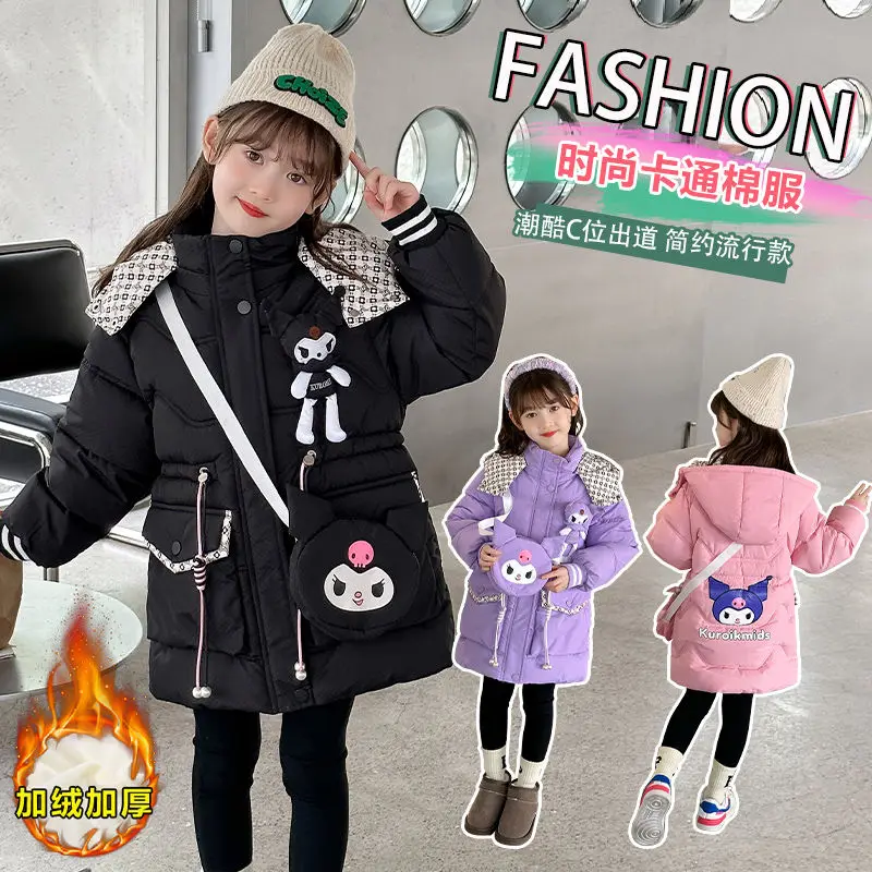 Kawaii Winter Anime Kuromi Sanrios Kids Girls Cotton Jacket Long-Style Plush Hooded Thick Cute Down Jacket Cartoon Cotton Jacket