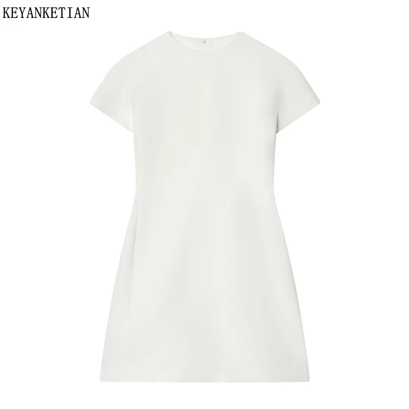 

KEYANKETIAN 2026 New Women's White Mini Dress Round Neck Short Sleeve Back Zip Slim Fit Elegant Casual Office Dresses