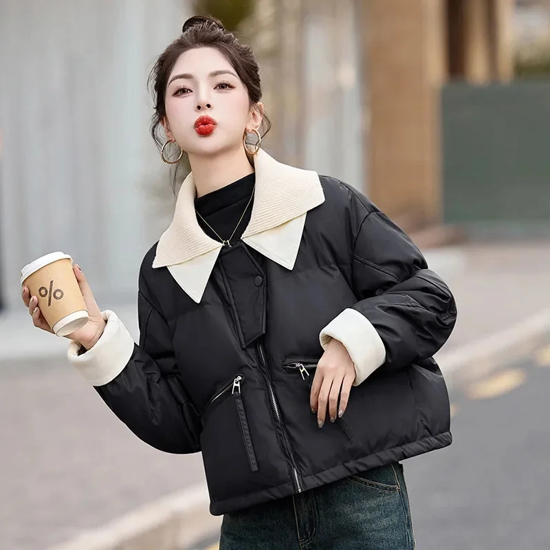 PU 따뜻한 면 패딩 여성 코트 파카 겨울 2025 신상 니트 라펠 가죽 재킷 숏 여성 아우터 패션 다운 재킷