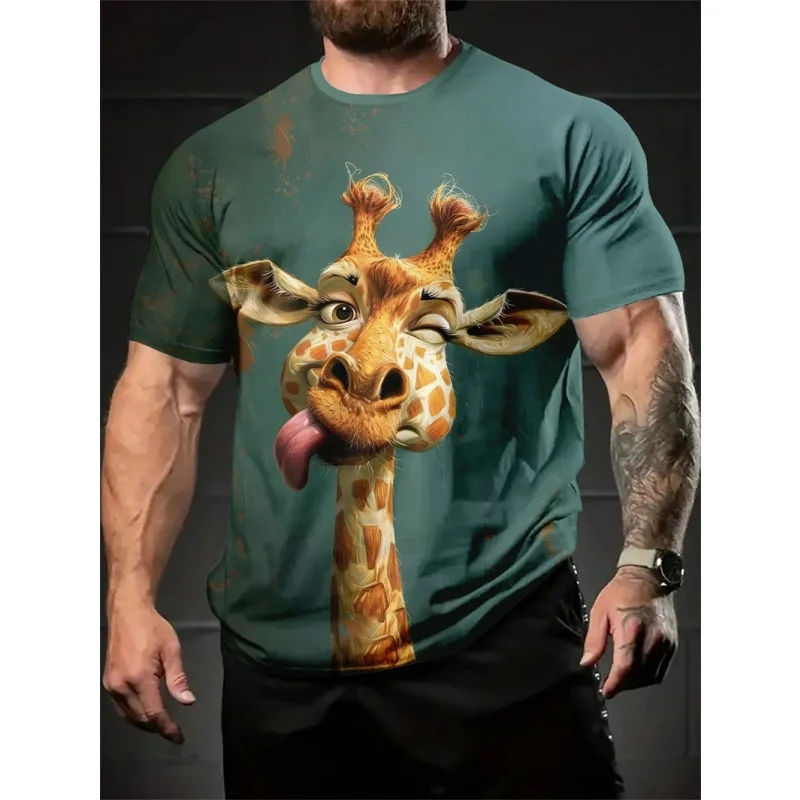 Giraffe Cat Pattern T Shirt For Men Ostrich Snake 3D Printed Short Sleeve Tees Summer Street Loose Tops Round Neck T-Shirts