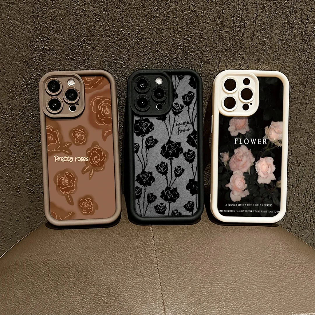 

Black Rose Floral Painted Silicone Phone Case For iPhone 17 16 16E 15 14 13 12 11 Pro Max X XR XS 7 8 Plus Shockproof Soft Cover