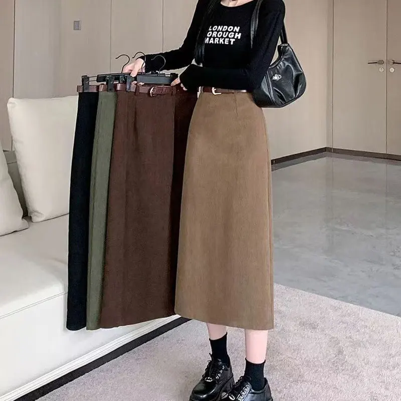 

Autumn Winter Corduroy Skirts Solid Color High Waist Women's Clothing Elegant Bag Hip Vintage Fashion Sashes Split Midi Skirts