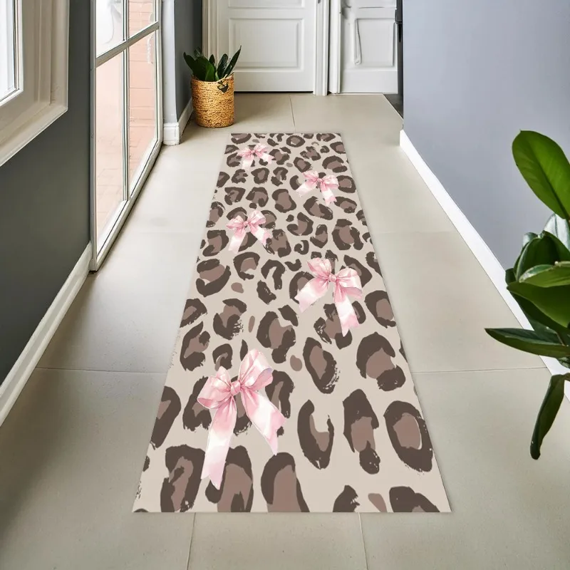 Leopard Print Pink Satin Bow Long Hallway Runner Mat Non Slip Floor Rug Girly Animal Spots Print For Bedroom Corridor Decor