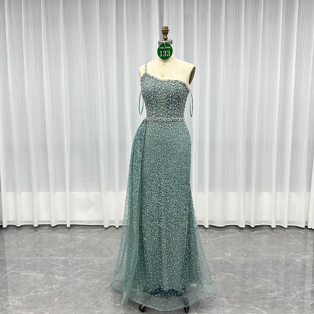 

YQLNNE 0133 Блестящие сосново-зеленые вечерние платья с кристаллами на одно плечо, длинное вечернее платье русалки для женщин