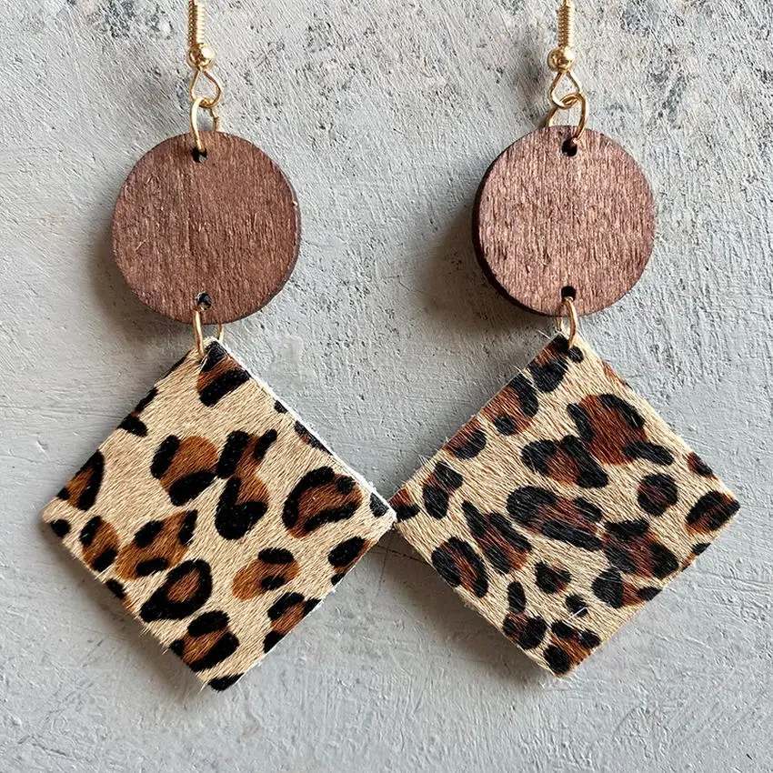 Designer Round Wood Genuine Leather Square Dangle Earrings 2022 New Cow Print Earrings Cowgirl Minimalist Jewelry Wholesale