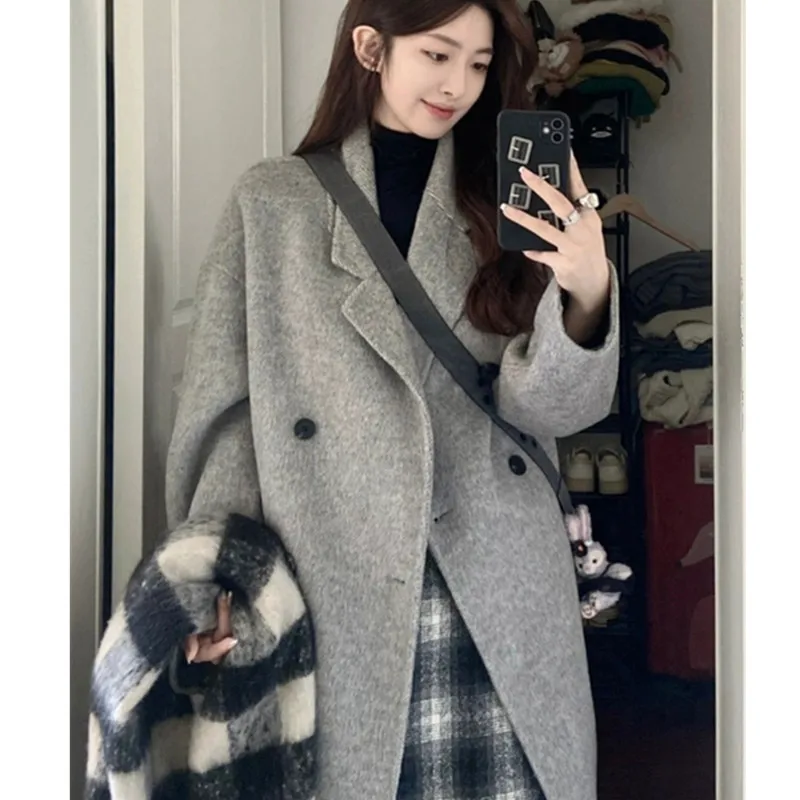 

Новинка 2025, весенне-осеннее корейское шерстяное пальто, женские шерстяные пальто средней длины, женское двубортное пальто, элитный стиль Хепберн