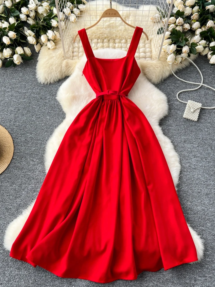 

Women Elegant Sexy Vintage High Waist Slim A-line Solid Dress Summer Square Neck Sleeveless Suspender Party Vacation Robe