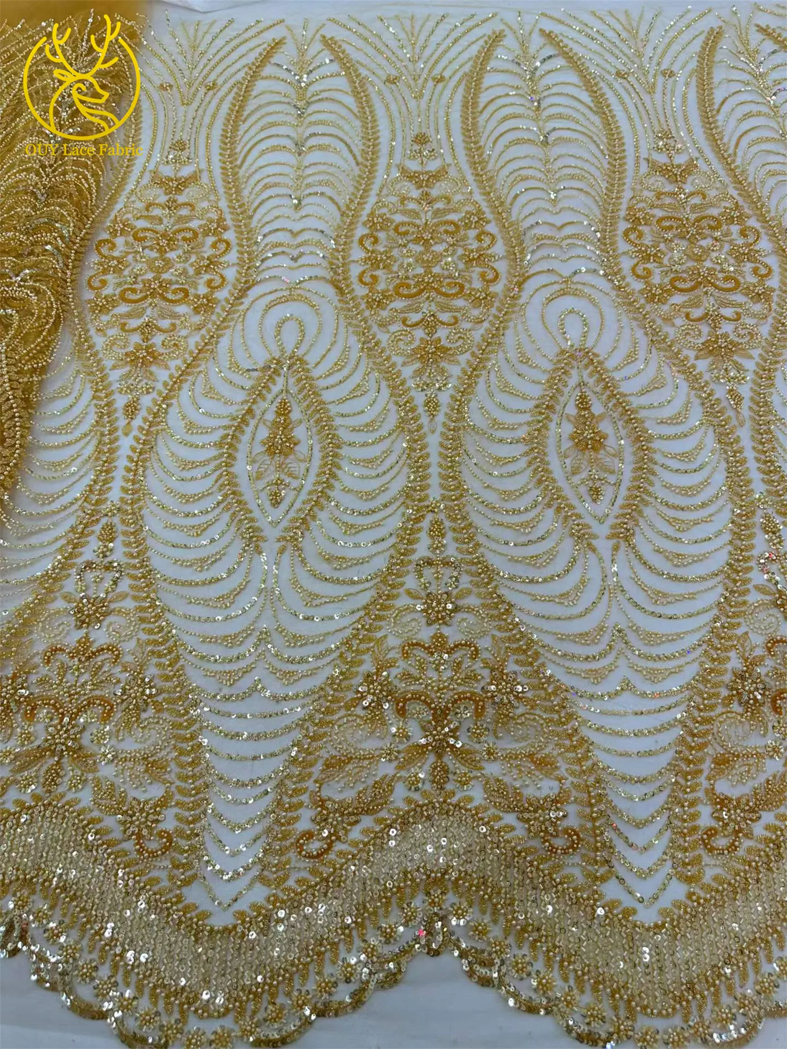 Luxuriöser goldener nigerianischer Mesh-Spitzenstoff mit Perlen und Pailletten, afrikanische französische Brautstickerei, Hochzeitsspitze für Damen, Partykleid, Nähen – Detail 5