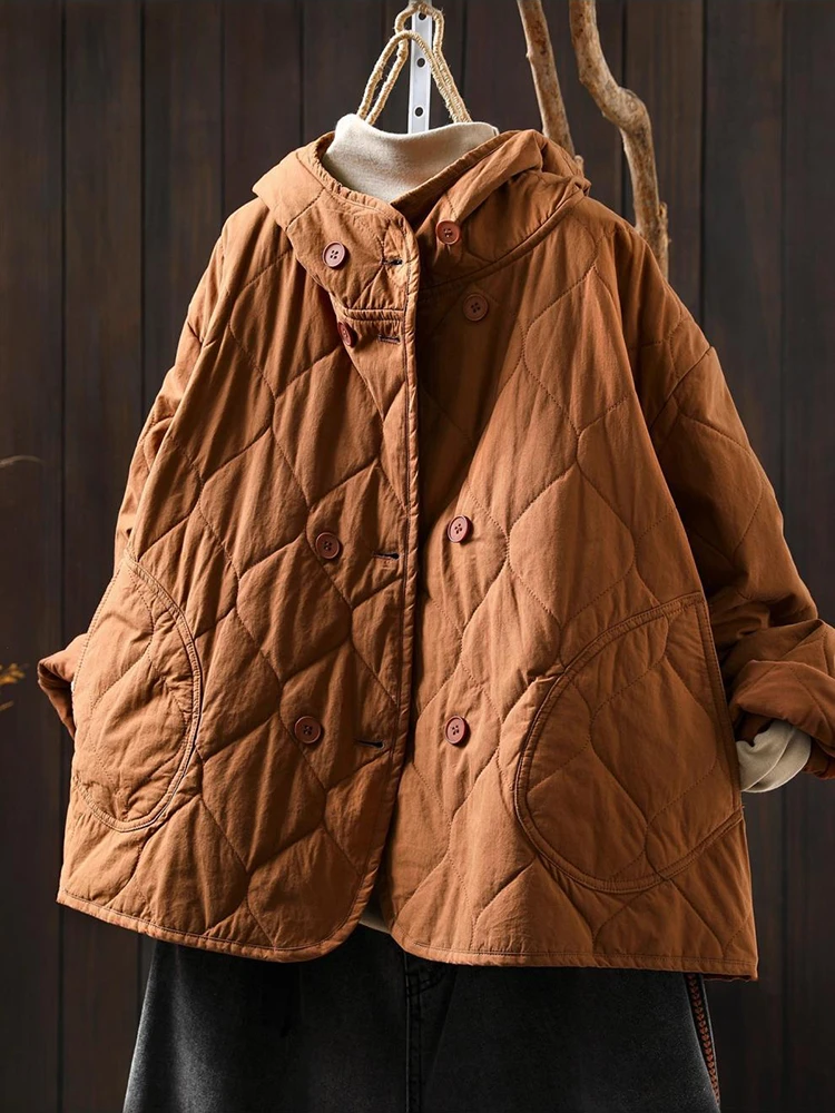 

Женские повседневные стеганые пальто, Новое поступление, осень 2025 года, винтажный стиль, однотонные свободные толстые теплые куртки с капюшоном Femae M2042