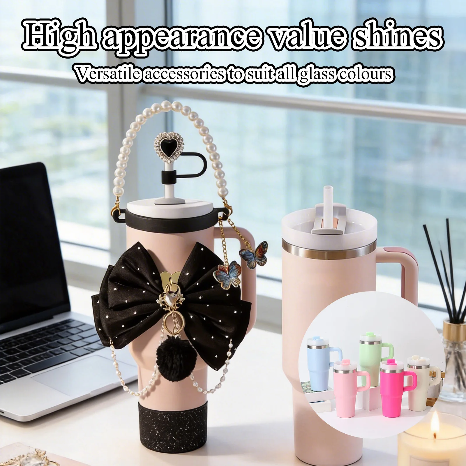 9PCS Cup Accessories Set for 40 oz Tumbler Including Bottle Cover Cup Strap Chain Pendant Bow Decoration Butterfly Pendant for