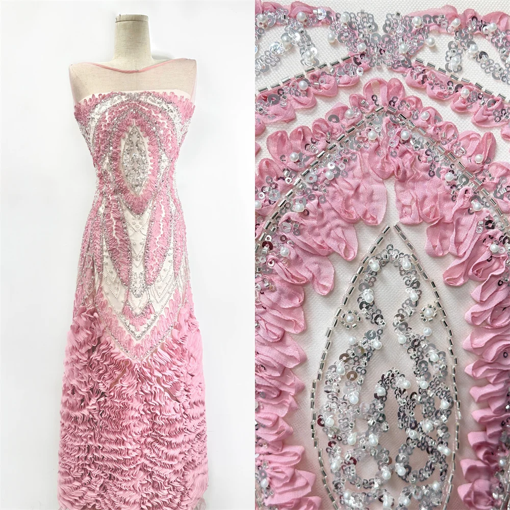 

French Mesh Beaded Embroidery Lace Fabric African Pink Luxury Sequins Lace Fabric Nigerian For Bridal Wedding Dresses Sewing