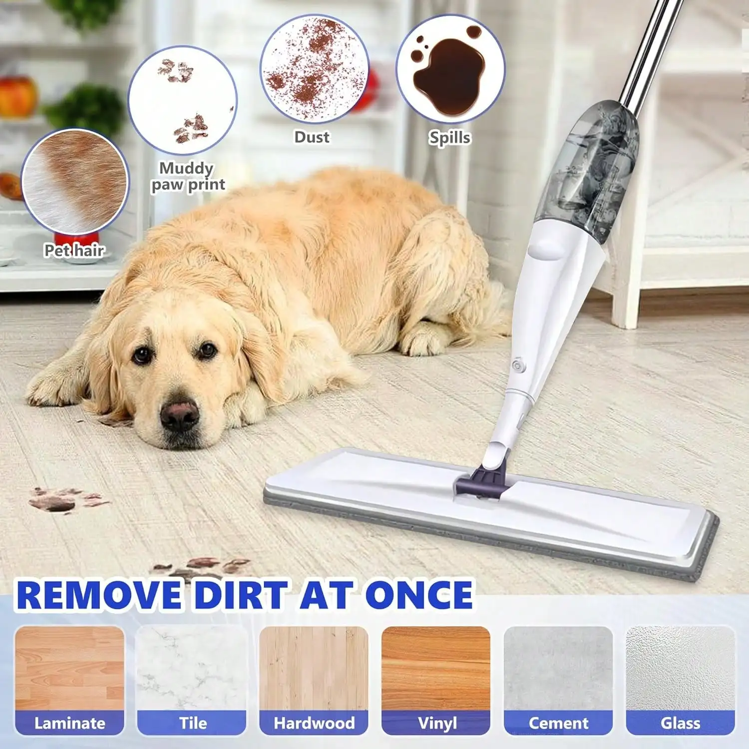 Spray Mop And Three Washable Pads | Water-Spraying Flat Mop, Household All-Purpose Floor Cleaner, Dry And Wet Dual-Purpose, Suitable For Hardwood, Laminate, Tiles, Ceramics