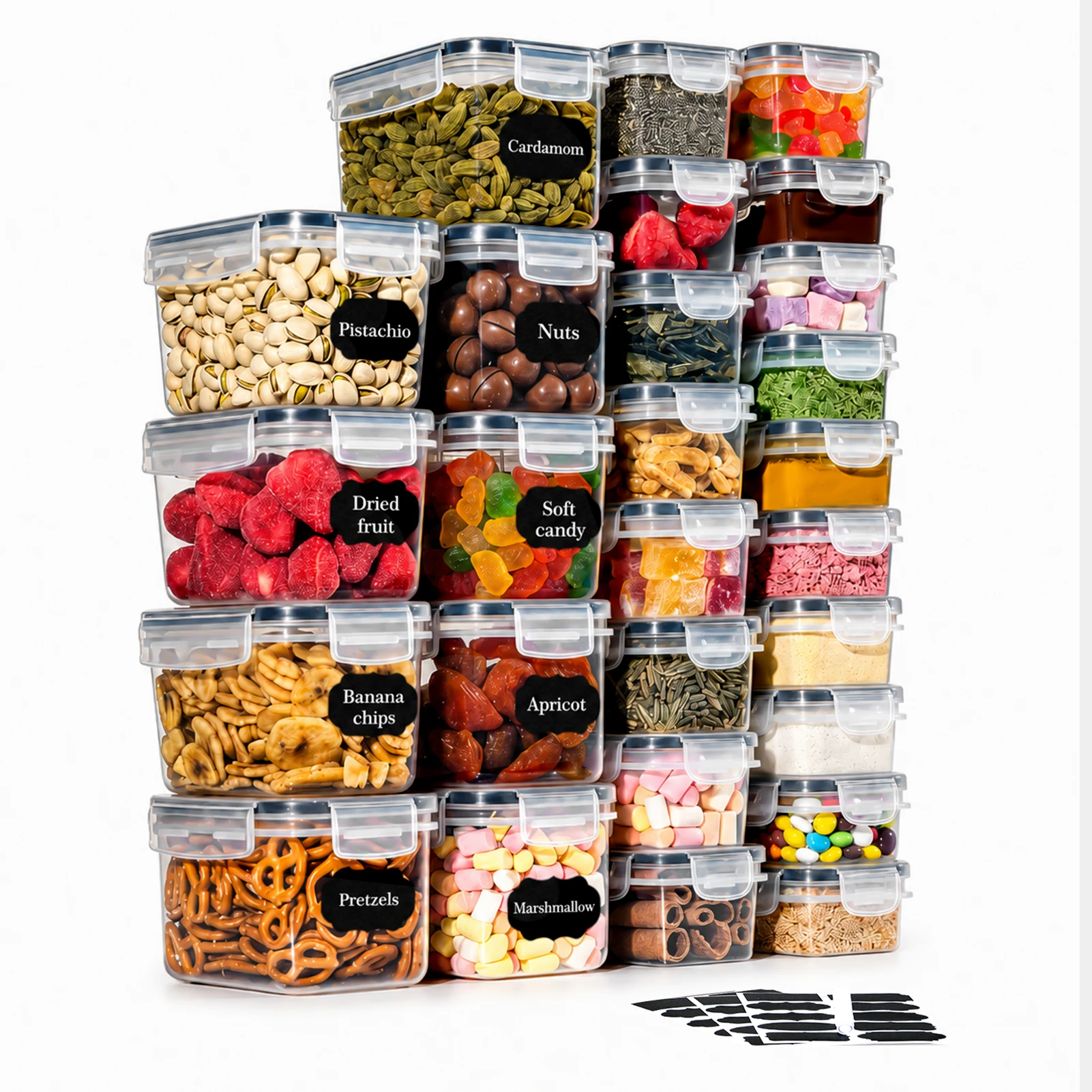 27er Vorratsdosen Set Kunststoff mit Deckel, Luftdichte Frischhaltedosen Set, 9x 0,8L, 9x 320ml, 9x 240ml Küchen Organizer mit 30 Wiederverwendbaren Etiketten und 1 Kreidestift