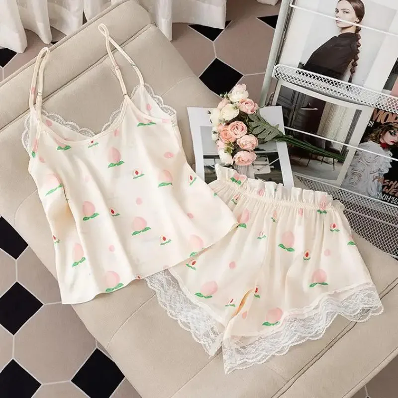 

Sexy Lace Print Pajamas Set Intimate Lingerie Summer Women Sleepwear Strap Top&shorts Sleep Suit Silky Satin Pijamas Homewear d'