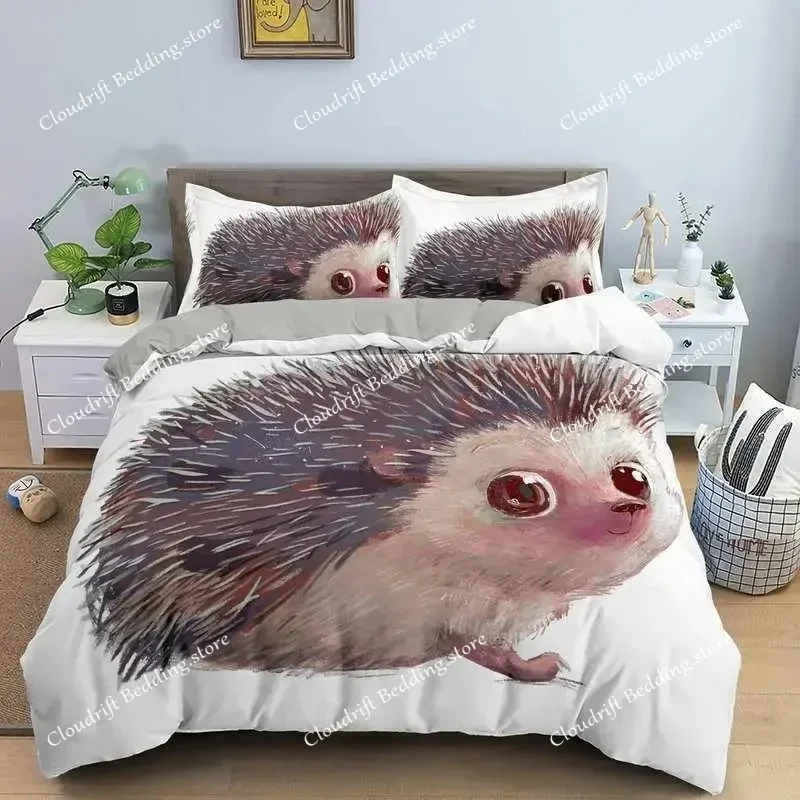 Hedgehog Duvet Cover Set 3D Cartoon Hedgehog Flower Bedding Set Kids Boys Girls Animal Queen Size Polyester Quilt Cover