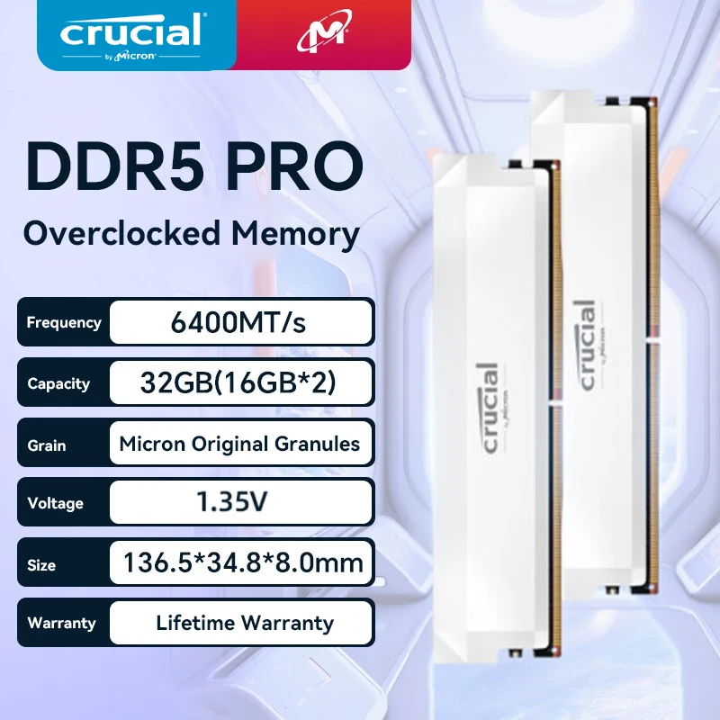 Memoria RAM Crucial Pro DDR5 16GBx1/16GBx2 6400MHz 6000MHz 5600MHz para Juegos de PC, Intel XMP 3.0 y AMD EXPO para Gamers