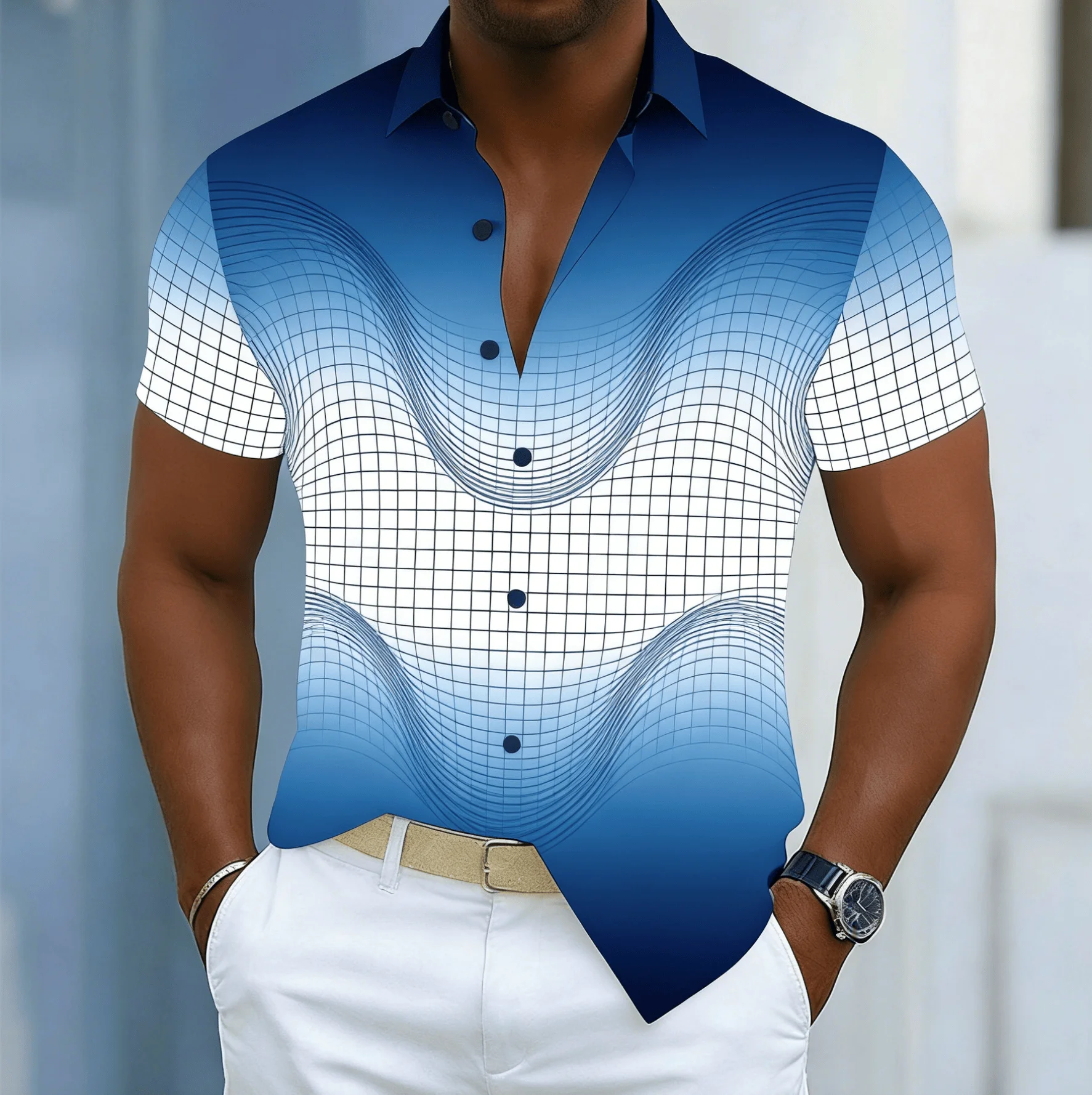 Men's Blue White Gradient Print Short Sleeve Shirt, Spring Summer Casual Commute Vacation Blouse, Loose Casual Top