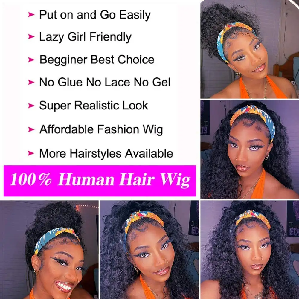 Afro kinky Curly No Lace Front Wigs for Black Women Natural Color Machine Made Afro Kinky Curly Human Hair Glueless Headband Wig