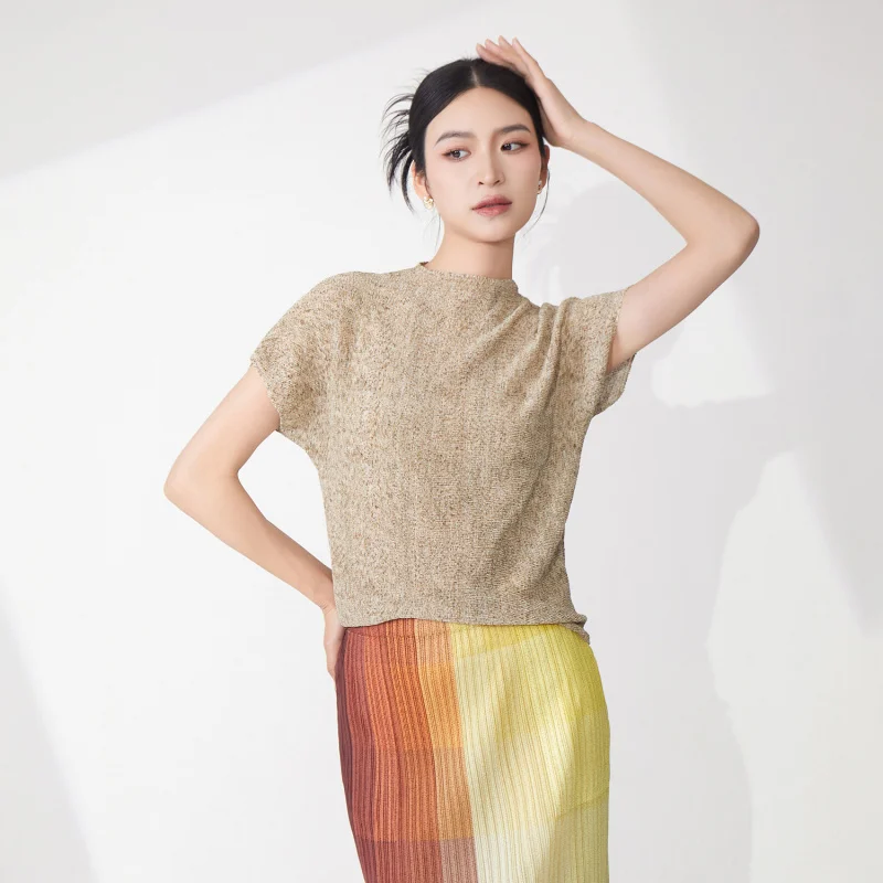 Miyake modetrend top met niche-ontwerp gevoel losse casual trui modieus T-shirt met korte mouwen [25409zsj-Z1181-58]