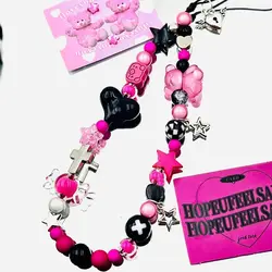 Original Y2K Magenta Bear Star Pendant Phone Charms Strap CCD Camera Lanyard Keychain Sweet Cool Girl Bracelet Jewelry Gift