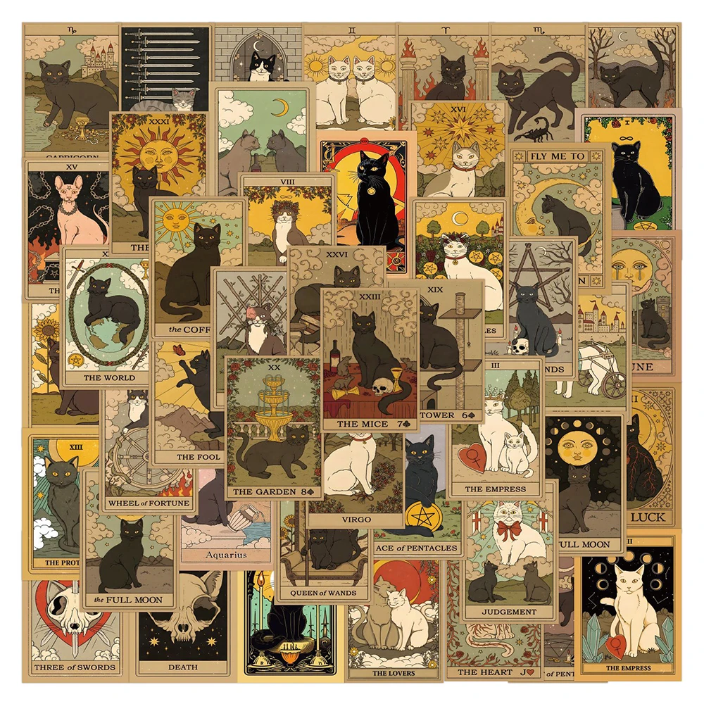10/30/50/120 Stück Coole Vintage Katzen-Tarot Graffiti-Aufkleber Gotischer Stil Abziehbilder Spielzeug DIY Scrapbook Laptop Gitarre Wasserfeste Aufkleber