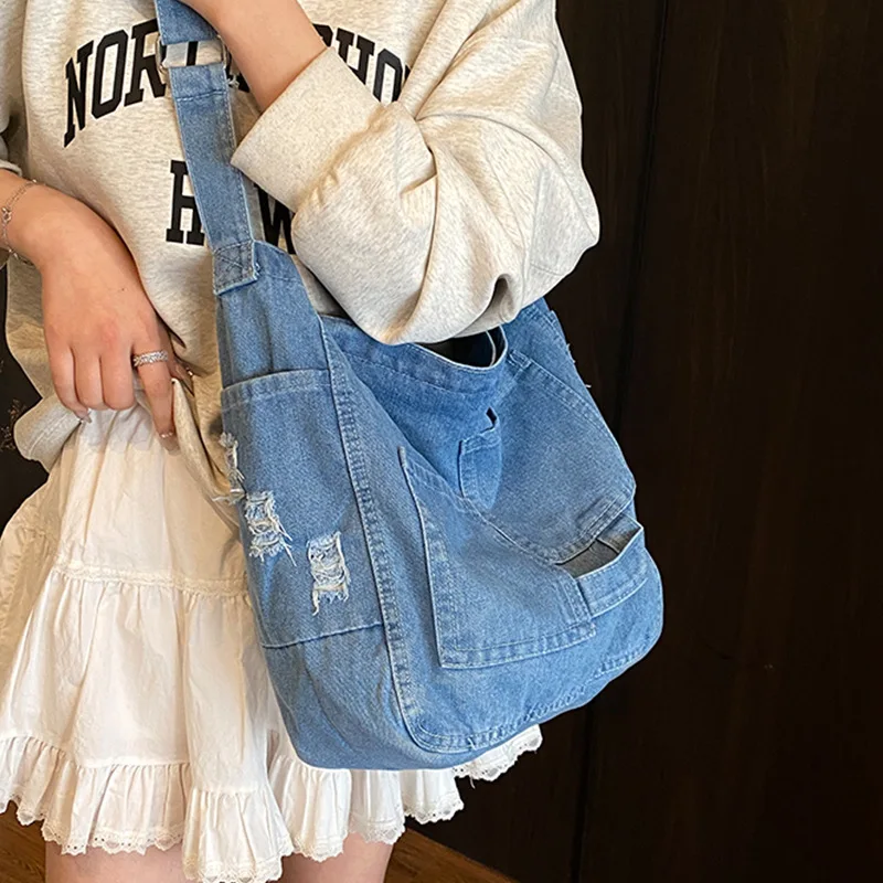 

2025 Vintage Large Capacity Bag, Women's Tote Bag, Popular Denim Shoulder Bag, Student Class Crossbody Bag