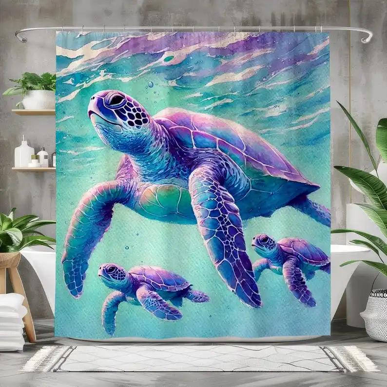 Sea Turtle Shower Curtain, Waterproof Fabric Bath Curtain, Colorful Ocean Theme Bathroom Decor, Artistic Marine Life Design