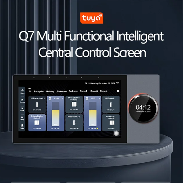 2025 New 7 Inch Touch Screen Smart Control Panel Tuya Zigbee Gateway Can Connect With 8 Ceiling Wired Speakers And 2 Zones Music