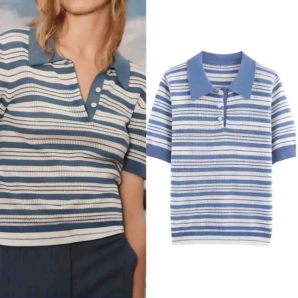 

Women's fashion hollow out design casual striped polo shirt collar knitted top retro short sleeved women's pullover chic top
