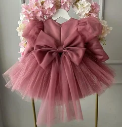 Dusty Pink Birthday Prom Dress for Girls Short Puffy Wedding Baptism Flower Girl Long Sleeves First Communion Dresses