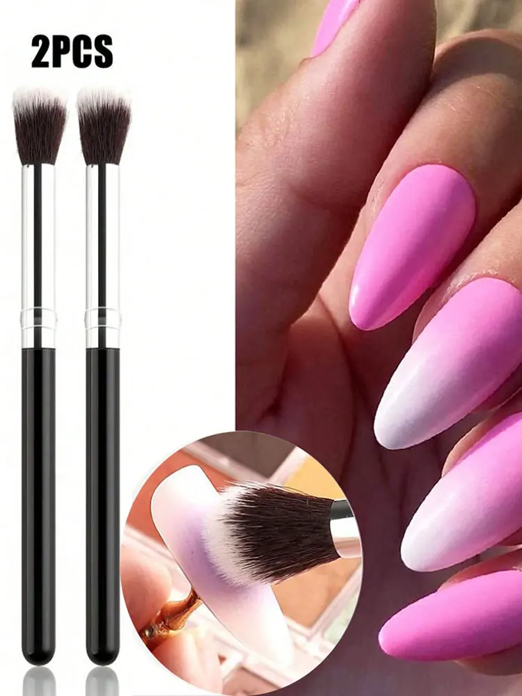 2Pcs Nail Gradient Smudge Brush Set Omber Brushes Black Wooden Handle Nail Drawing Painting Brush Uv Gel Manicure Nail Art Tools