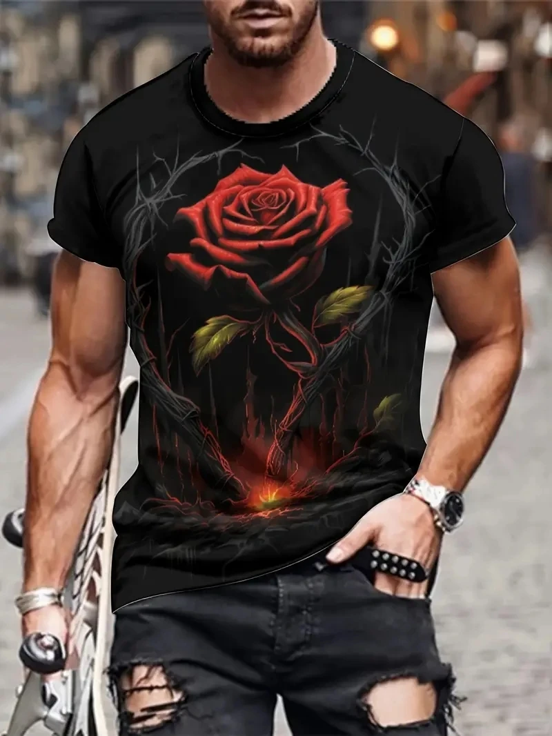 

Vintage T Shirts for Men 3D Print Thorn Rose Tee Top Short Sleeve Oversized Hip Hop O-Neck Polyester T Shirts Men Clothing