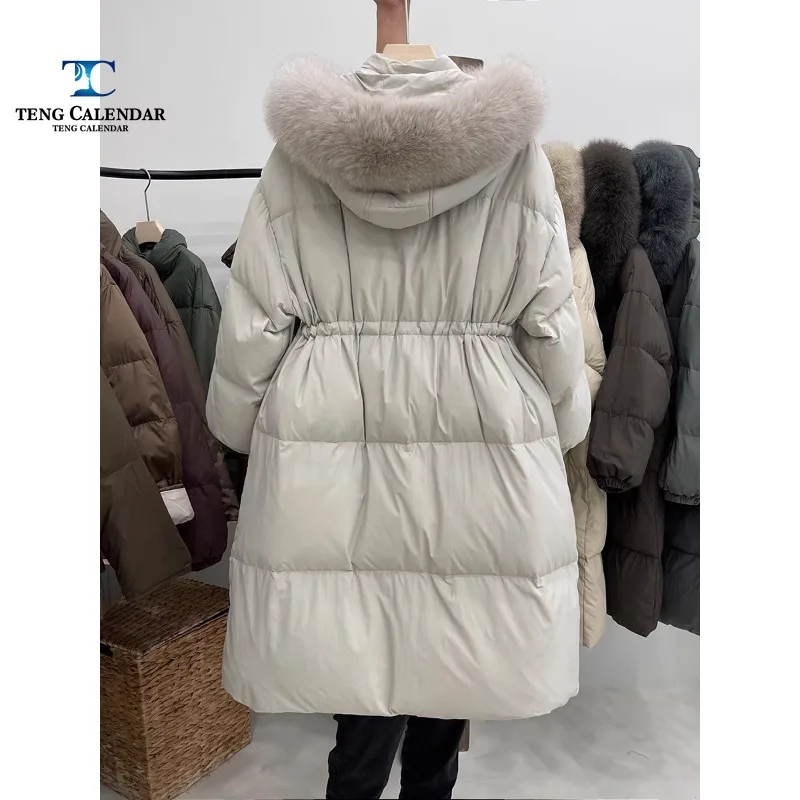 Winter Down Jacket, Medium To Long Thick and Loose Waist Cinched Fox Fur Collar Jacket, Women's 2024 New Model